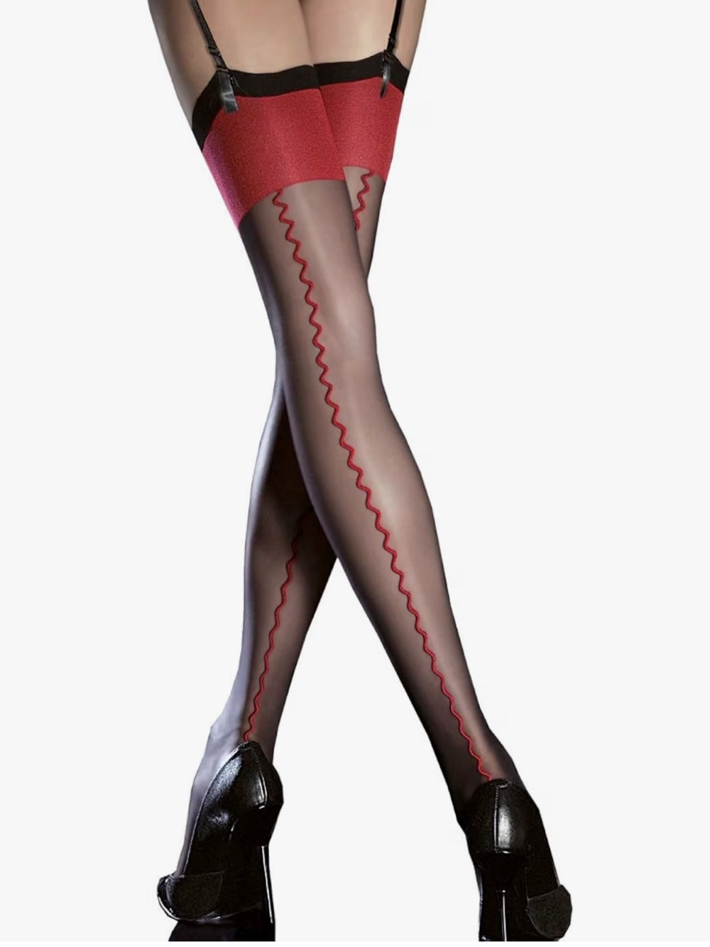 Black red thigh high backseam gothic cabaret garter stocking pantyhose lingerie
